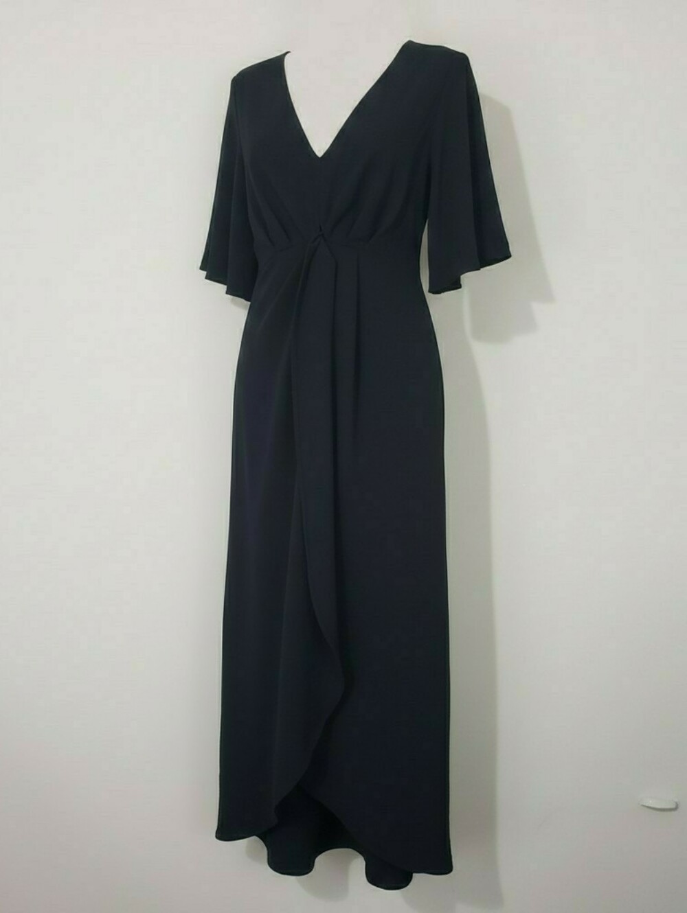 Gilli Black V-Neck Front-Knot Draped Flutter Sleeve Midi Dress